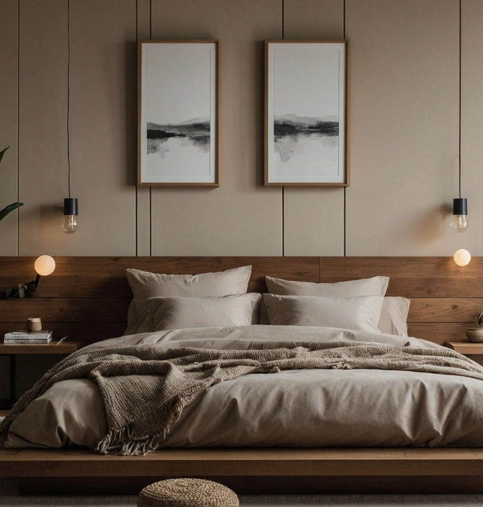Modern bedroom with a wooden platform bed, neutral bedding, pendant lights and framed artwork above the headboard